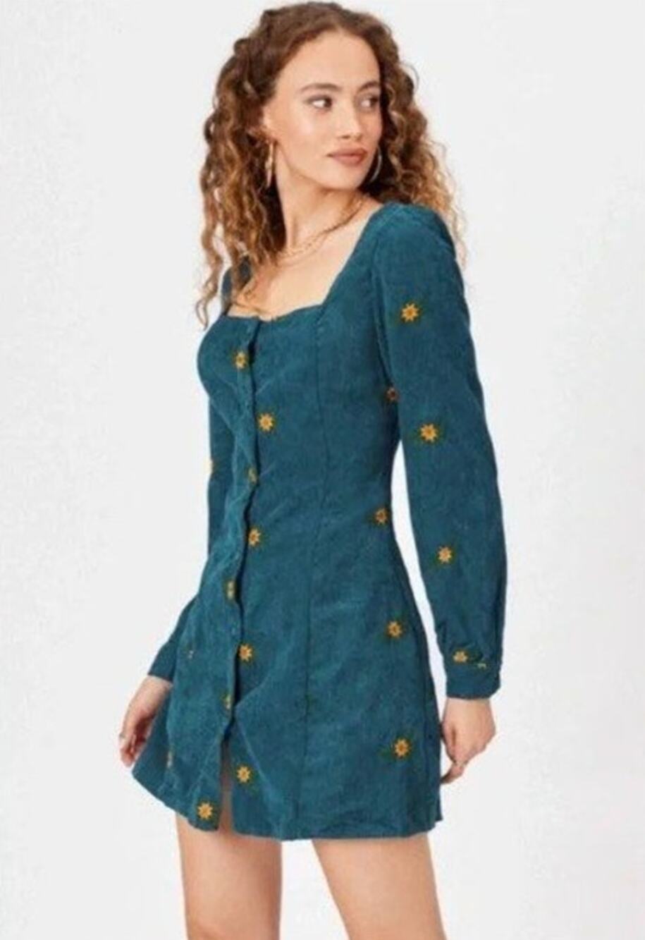 NWT Cider Blue Floral Corduroy Button Down Mini Dress Size M